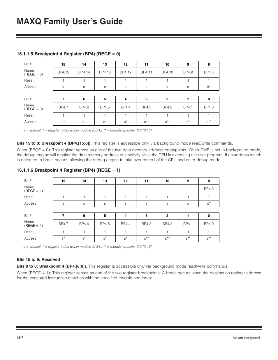 5 breakpoint 4 regist, 6 breakpoint 4 regist, 5 breakpoint 4 register (bp4) (rege = 0) -7 | 6 breakpoint 4 register (bp4) (rege = 1) -7, Maxq family user’s guide | Maxim Integrated MAXQ Family User Manual | Page 165 / 216