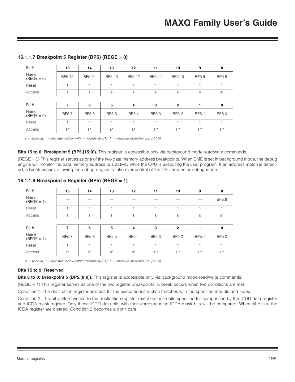 7 breakpoint 5 regist, 8 breakpoint 5 regist, 7 breakpoint 5 register (bp5) (rege = 0) -8 | 8 breakpoint 5 register (bp5) (rege = 1) -8, Maxq family user’s guide | Maxim Integrated MAXQ Family User Manual | Page 166 / 216