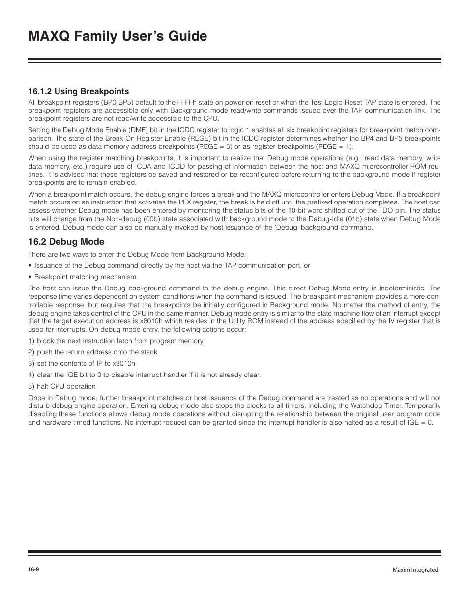 2 using breakpoints, 2 debug mode, 2 using breakpoints -9 | 2 debug mode -9, Maxq family user’s guide | Maxim Integrated MAXQ Family User Manual | Page 167 / 216