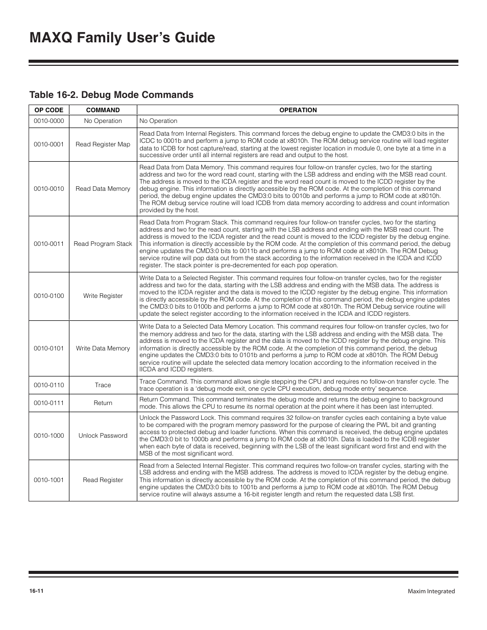 Table 16-2. debug mode commands -11, Maxq family user’s guide, Table 16-2. debug mode commands | Maxim Integrated MAXQ Family User Manual | Page 169 / 216