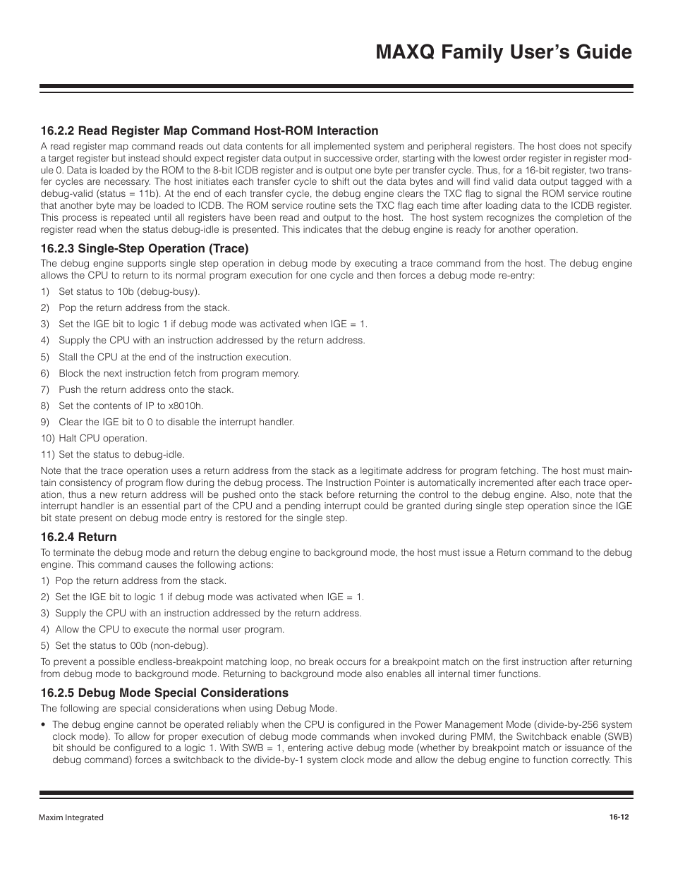 2 read register map com, 3 single-step operation, 4 return | 5 debug mode special co, 3 single-step operation (trace) -12, 4 return -12, 5 debug mode special considerations -12, Maxq family user’s guide | Maxim Integrated MAXQ Family User Manual | Page 170 / 216