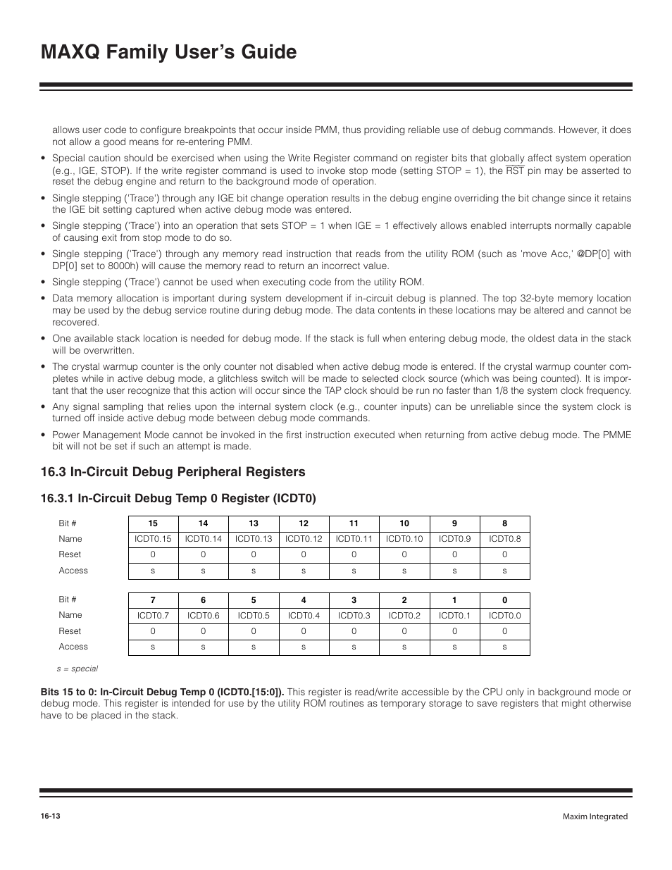 3 in-circuit debug periph, 1 in circuit debug temp, 3 in-circuit debug peripheral registers -13 | 1 in circuit debug temp 0 register (icdt0) -13, Maxq family user’s guide, 3 in-circuit debug peripheral registers, 1 in-circuit debug temp 0 register (icdt0) | Maxim Integrated MAXQ Family User Manual | Page 171 / 216