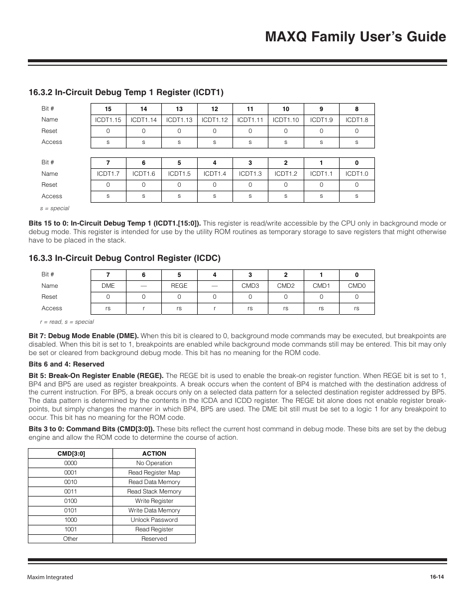 2 in circuit debug temp, 3 in-circuit debug cont, 2 in circuit debug temp 1 register (icdt1) -14 | 3 in-circuit debug control register (icdc) -14, Maxq family user’s guide, 2 in-circuit debug temp 1 register (icdt1), 3 in-circuit debug control register (icdc) | Maxim Integrated MAXQ Family User Manual | Page 172 / 216