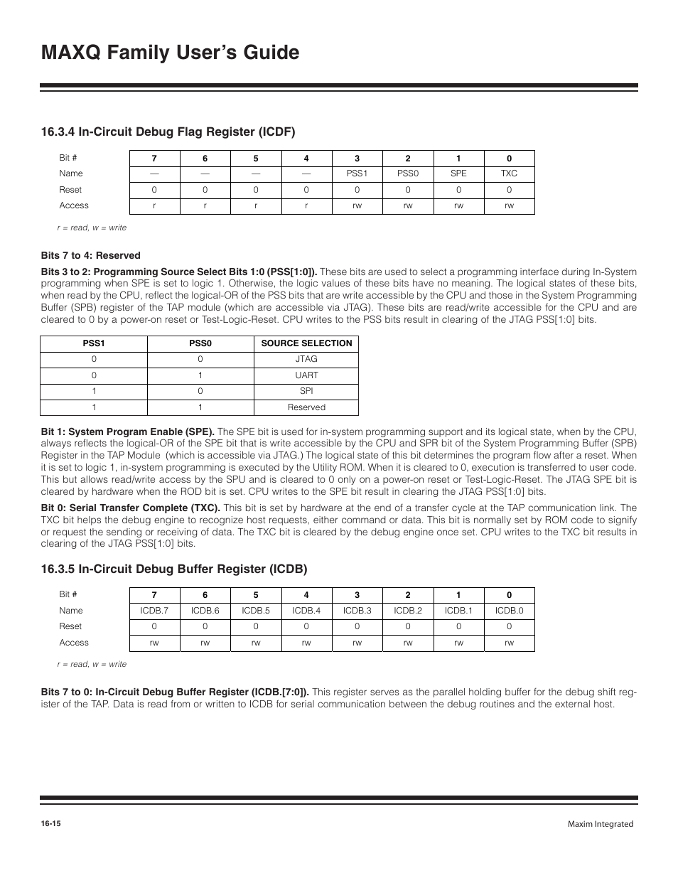 4 in-circuit debug flag, 5 in-circuit debug buff, 4 in-circuit debug flag register (icdf) -15 | 5 in-circuit debug buffer register (icdb) -15, Maxq family user’s guide, 4 in-circuit debug flag register (icdf), 5 in-circuit debug buffer register (icdb) | Maxim Integrated MAXQ Family User Manual | Page 173 / 216