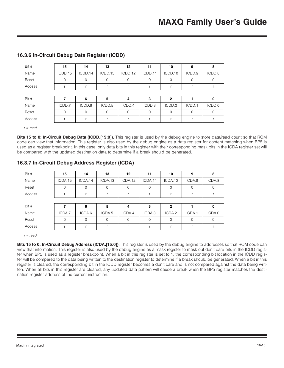 6 in circuit debug data, 7 in circuit debug addr, 6 in circuit debug data register (icdd) -16 | 7 in circuit debug address register (icda) -16, Maxq family user’s guide, 6 in-circuit debug data register (icdd), 7 in-circuit debug address register (icda) | Maxim Integrated MAXQ Family User Manual | Page 174 / 216