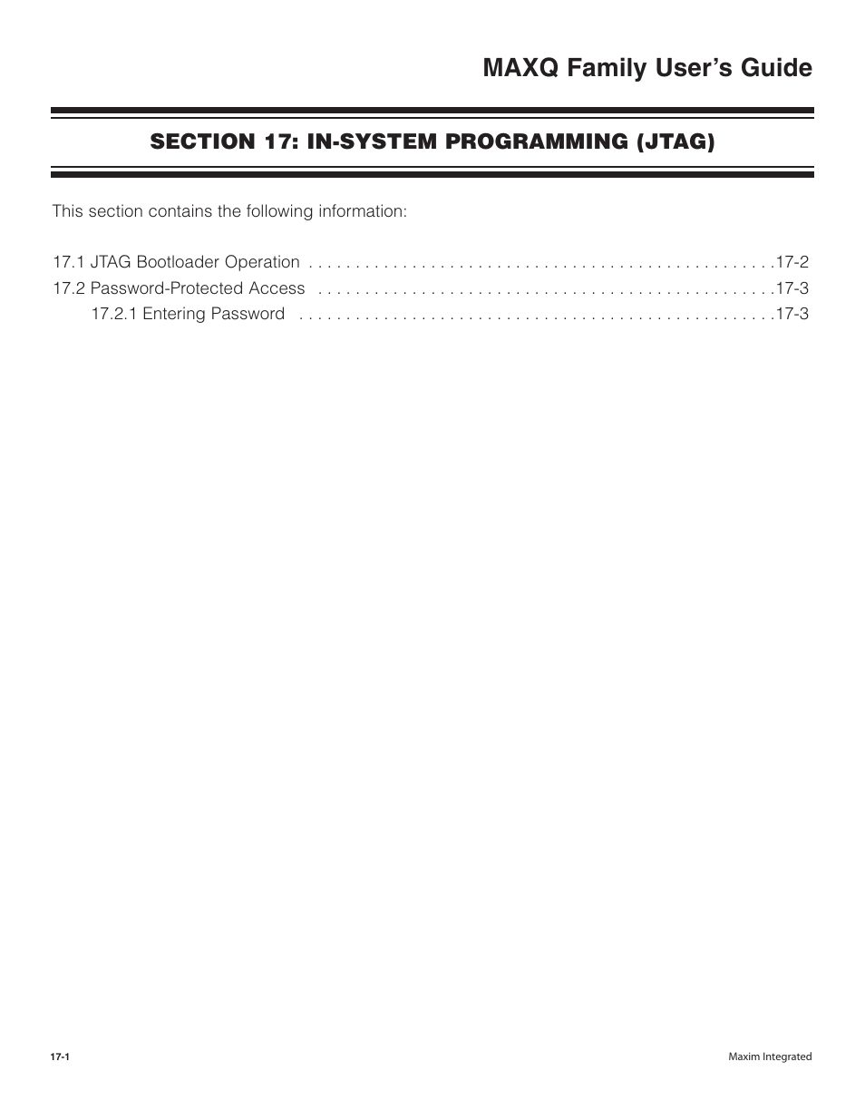 Section 17: in-system programming (jtag), Section 17: in-system programming (jtag) -1, Maxq family user’s guide | Maxim Integrated MAXQ Family User Manual | Page 175 / 216