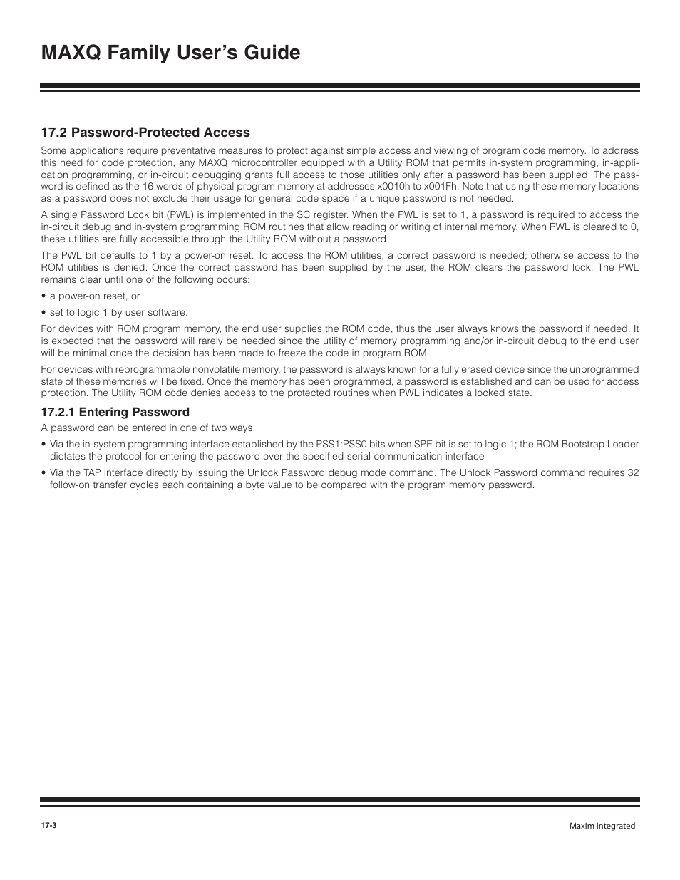 2 password-protected access, 1 entering password, Maxq family user’s guide | Maxim Integrated MAXQ Family User Manual | Page 177 / 216