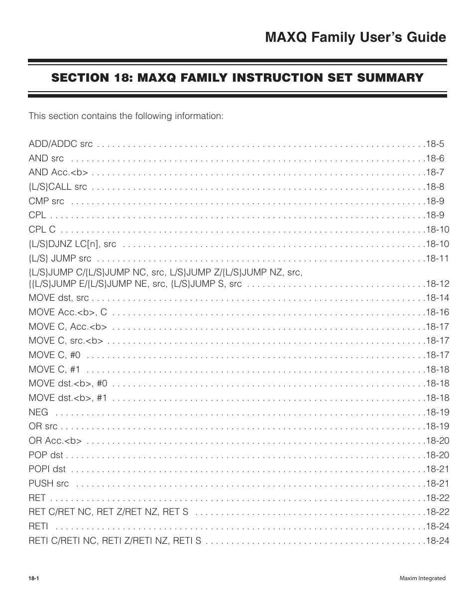 Section 18: maxq family instruction set summary, Section 18: maxq family instruction set summary -1, Maxq family user’s guide | Maxim Integrated MAXQ Family User Manual | Page 178 / 216