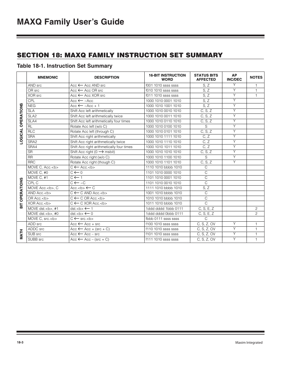 Table 18-1. instruction set summary -3, Maxq family user’s guide, Table 18-1. instruction set summary | Maxim Integrated MAXQ Family User Manual | Page 180 / 216