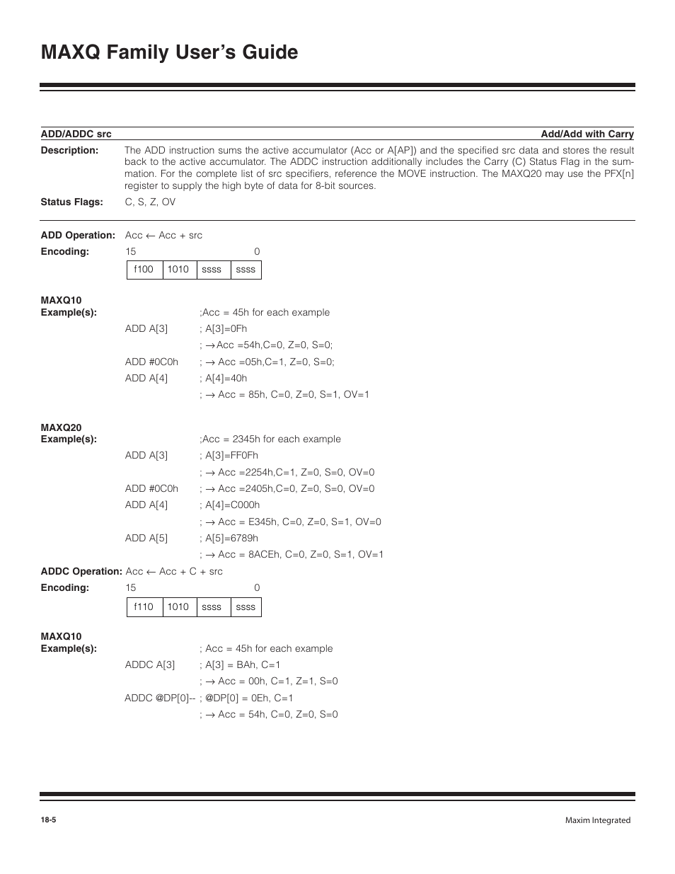 Add/addc src, Add/addc src -5, Maxq family user’s guide | Maxim Integrated MAXQ Family User Manual | Page 182 / 216