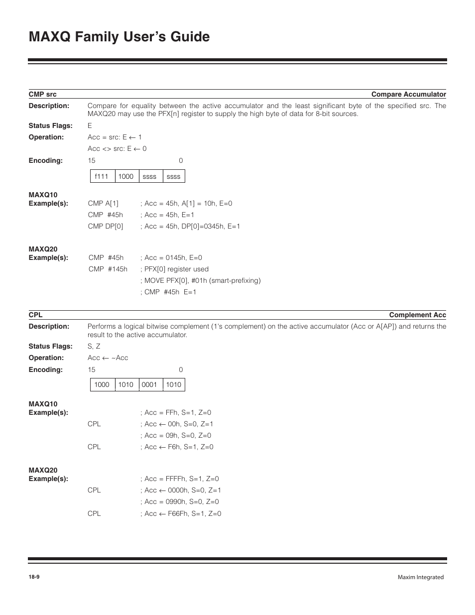 Cmp src, Cmp src -9, Cpl -9 | Maxq family user’s guide | Maxim Integrated MAXQ Family User Manual | Page 186 / 216