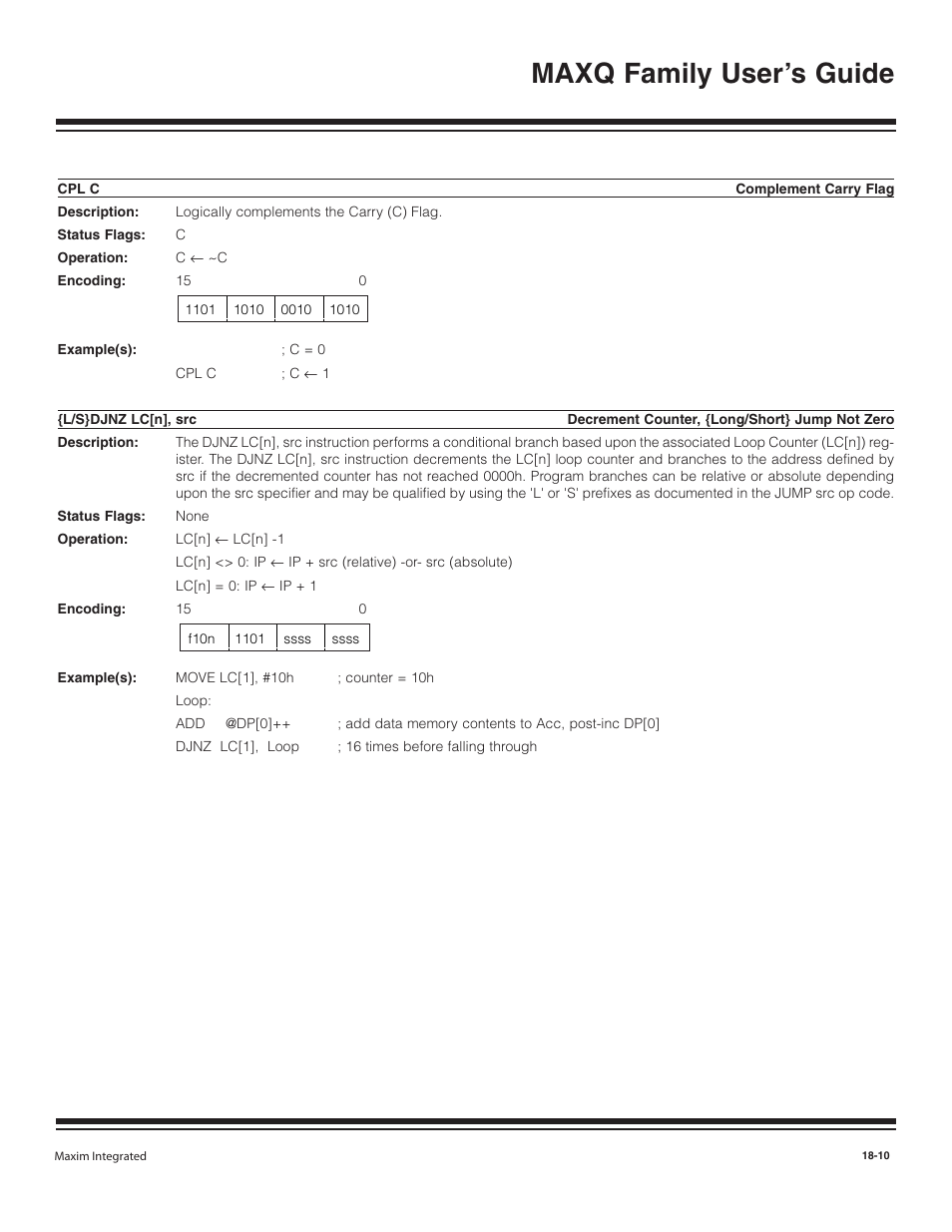 Cpl c, L/s}djnz lc[n], src, Cpl c -10 | L/s}djnz lc[n], src -10, Maxq family user’s guide | Maxim Integrated MAXQ Family User Manual | Page 187 / 216