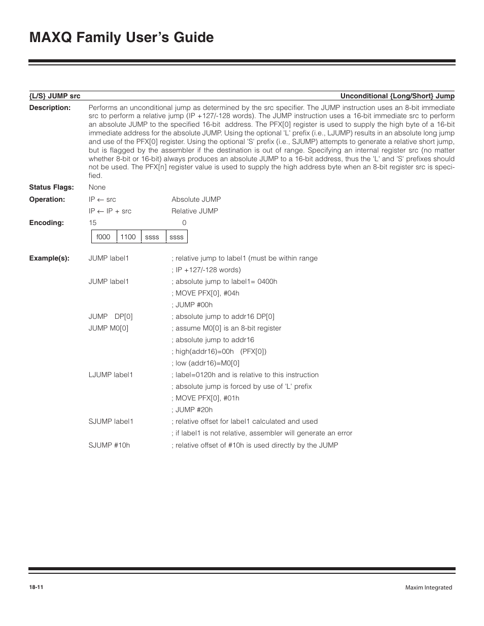 L/s} jump src, L/s} jump src -11, Maxq family user’s guide | Maxim Integrated MAXQ Family User Manual | Page 188 / 216