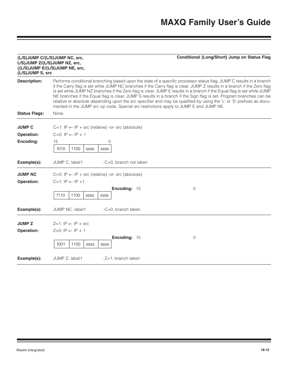 L/s}jump c/{l/s}jump nc, sr, L/s}jump e/{l/s}jump ne, src, {l/s}jump s, src -12, Maxq family user’s guide | Maxim Integrated MAXQ Family User Manual | Page 189 / 216