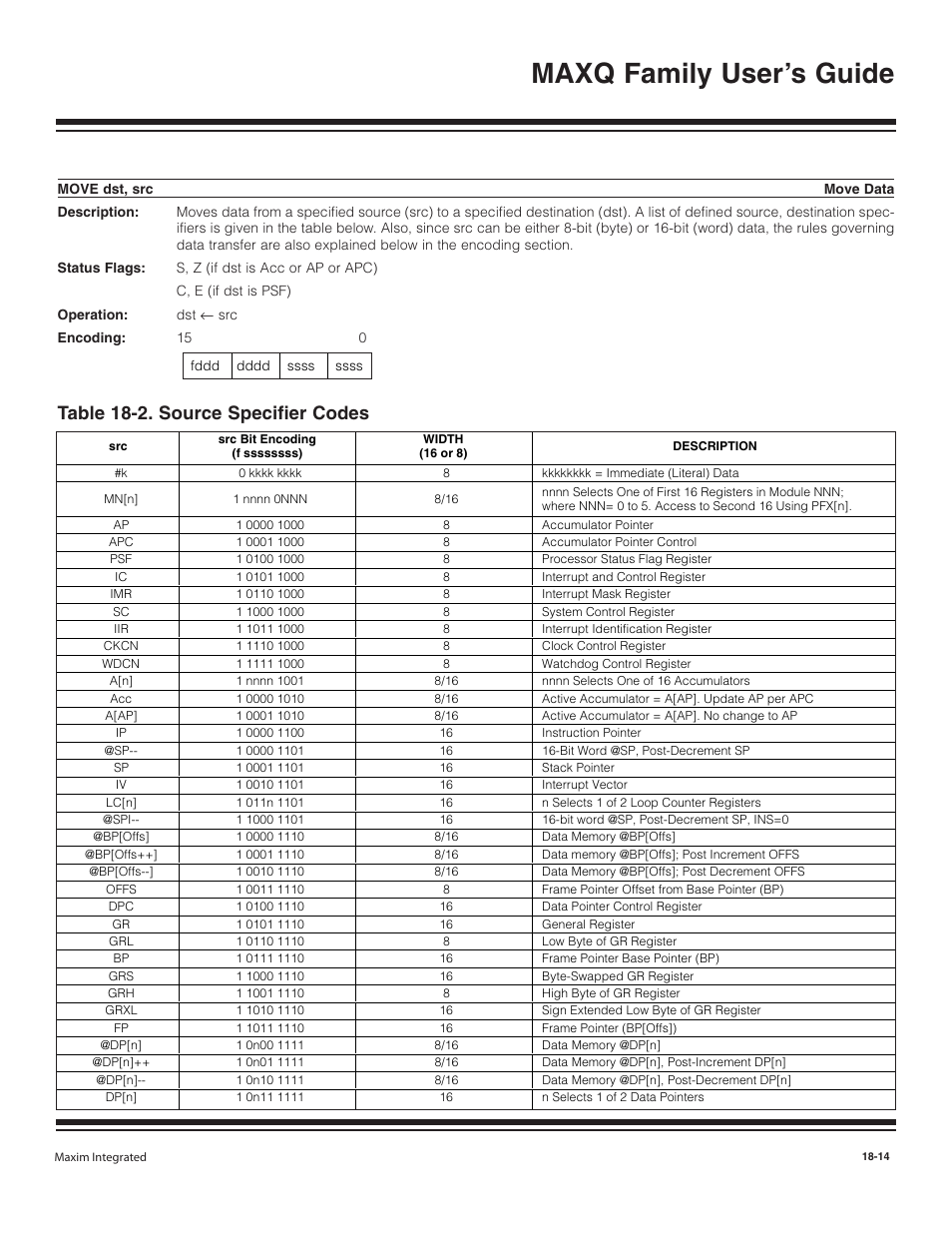 Move dst, src, Move dst, src -14, Table 18-2. source specifier codes -14 | Maxq family user’s guide, Table 18-2. source specifier codes | Maxim Integrated MAXQ Family User Manual | Page 191 / 216