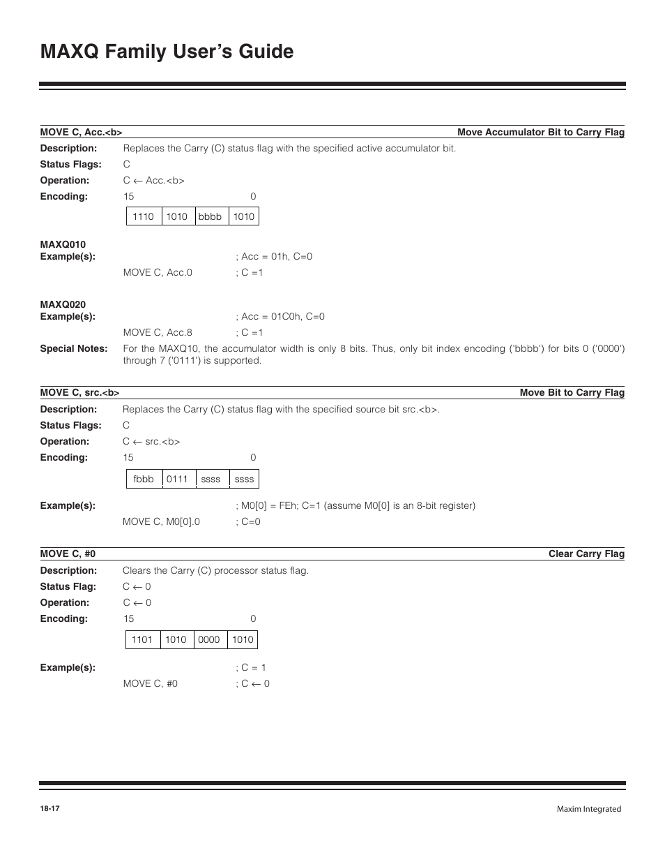 Move c, acc.<b, Move c, src.<b, Move c, #0 | Move c, acc.<b> -17, Move c, src.<b> -17, Move c, #0 -17, Maxq family user’s guide | Maxim Integrated MAXQ Family User Manual | Page 194 / 216