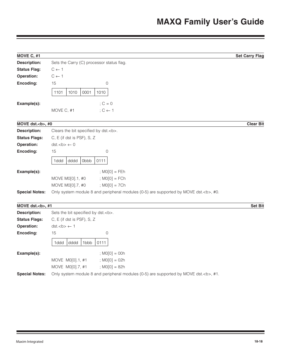 Move c, #1, Move dst.<b>, #0, Move dst.<b>, #1 | Move c, #1 -18, Move dst.<b>, #0 -18, Move dst.<b>, #1 -18, Maxq family user’s guide | Maxim Integrated MAXQ Family User Manual | Page 195 / 216