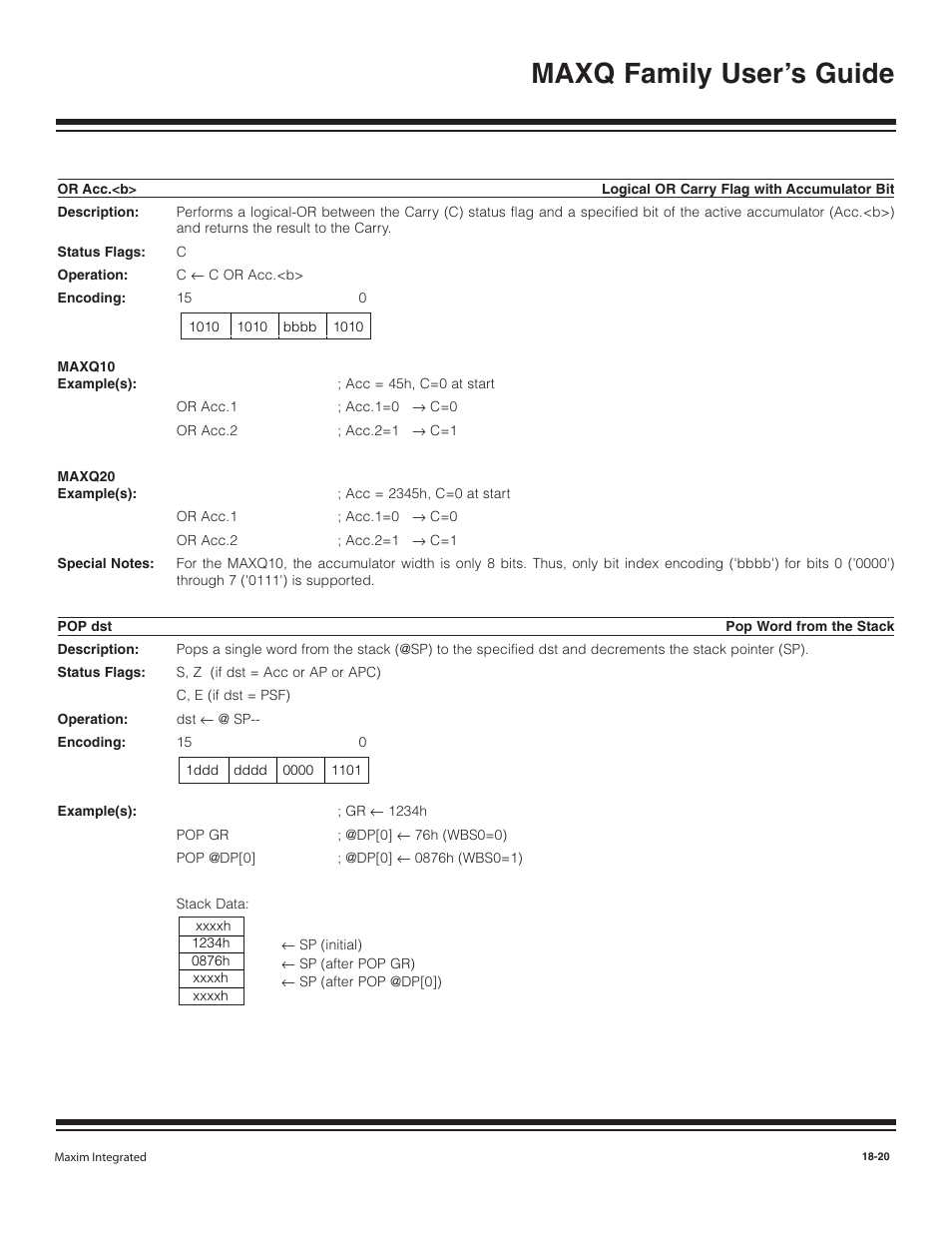 Or acc.<b, Pop dst, Or acc.<b> -20 | Pop dst -20, Maxq family user’s guide | Maxim Integrated MAXQ Family User Manual | Page 197 / 216