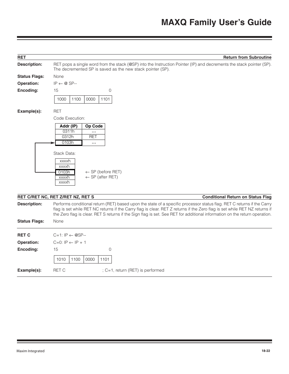 Ret c/ret nc, ret z/ret nz, Ret -22, Ret c/ret nc, ret z/ret nz, ret s -22 | Maxq family user’s guide | Maxim Integrated MAXQ Family User Manual | Page 199 / 216