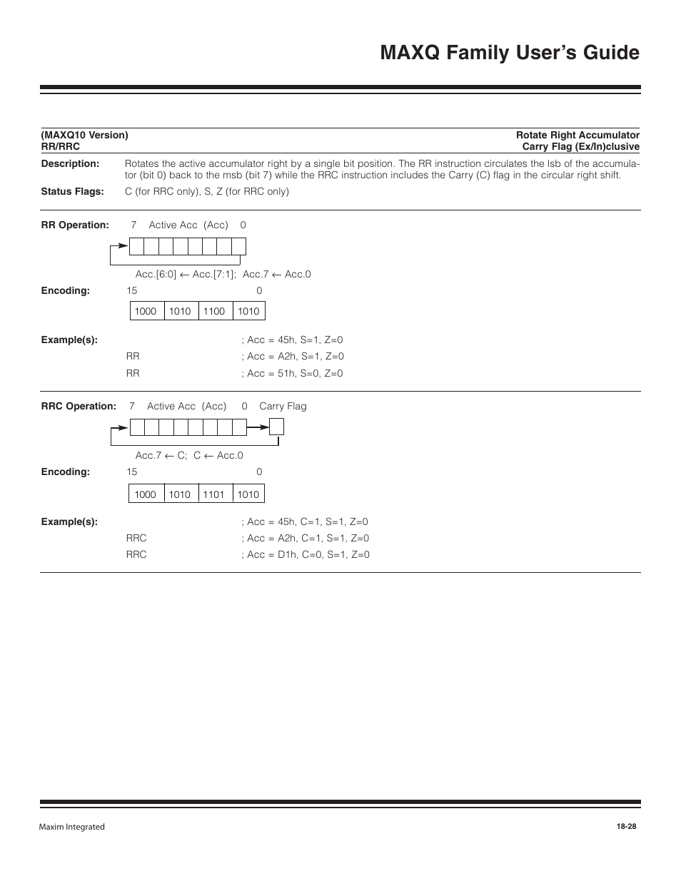 Rr/rrc, Rr/rrc -28, Maxq family user’s guide | Maxim Integrated MAXQ Family User Manual | Page 205 / 216
