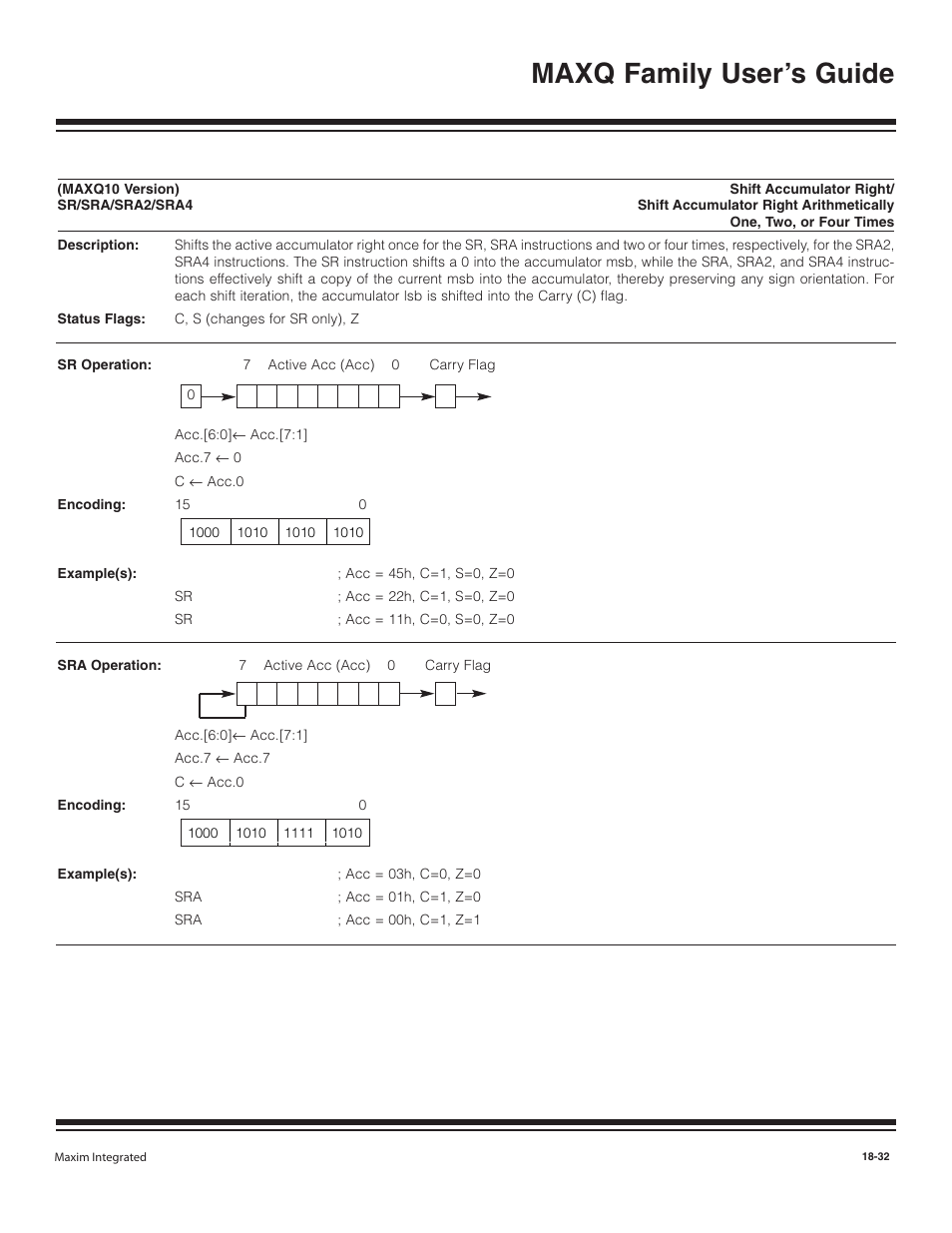 Sr/sra/sra2/sra4, Sr/sra/sra2/sra4 -32, Maxq family user’s guide | Maxim Integrated MAXQ Family User Manual | Page 209 / 216