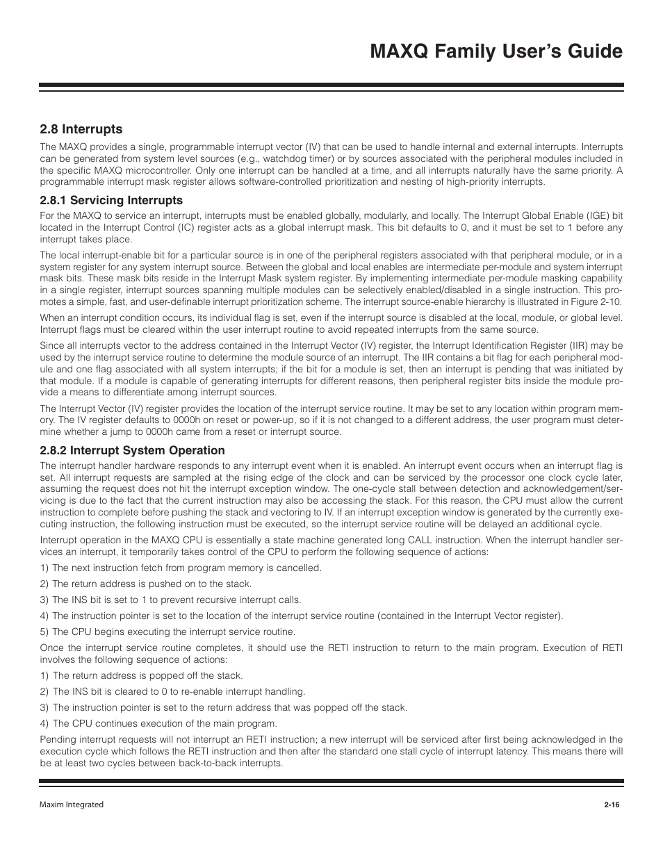 8 interrupts, 1 servicing interrupts, 2 interrupt system opera | 8 interrupts -16, 1 servicing interrupts -16, 2 interrupt system operation -16, Maxq family user’s guide | Maxim Integrated MAXQ Family User Manual | Page 21 / 216