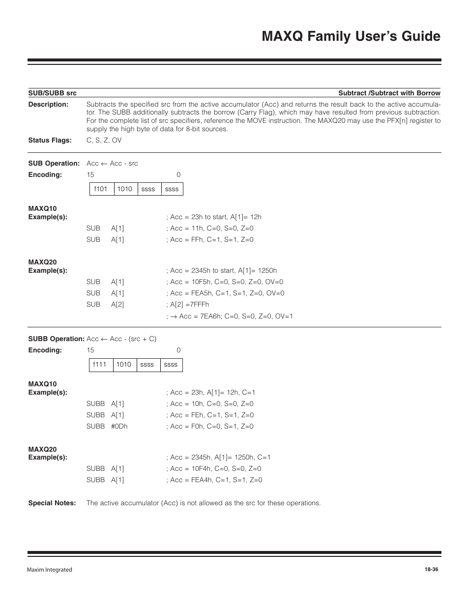 Sub/subb src, Sub/subb src -36, Maxq family user’s guide | Maxim Integrated MAXQ Family User Manual | Page 213 / 216