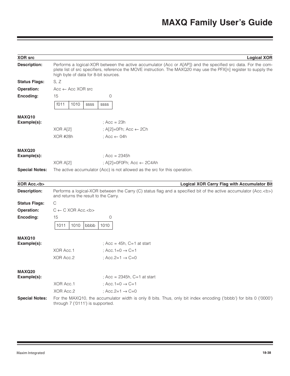 Xor src, Xor acc.<b, Xor src -38 | Xor acc.<b> -38, Maxq family user’s guide | Maxim Integrated MAXQ Family User Manual | Page 215 / 216