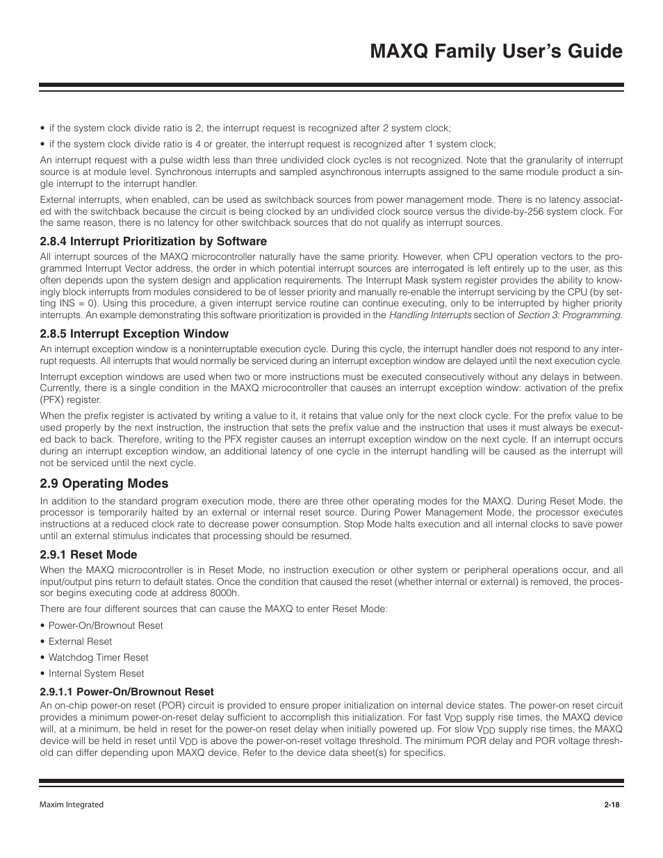4 interrupt prioritizati, 5 interrupt exception wi, 9 operating modes | 1 reset mode, 1 power-on/brownout reset, 4 interrupt prioritization by software -18, 5 interrupt exception window -18, 9 operating modes -18, 1 reset mode -18, 1 power-on/brownout reset -18 | Maxim Integrated MAXQ Family User Manual | Page 23 / 216
