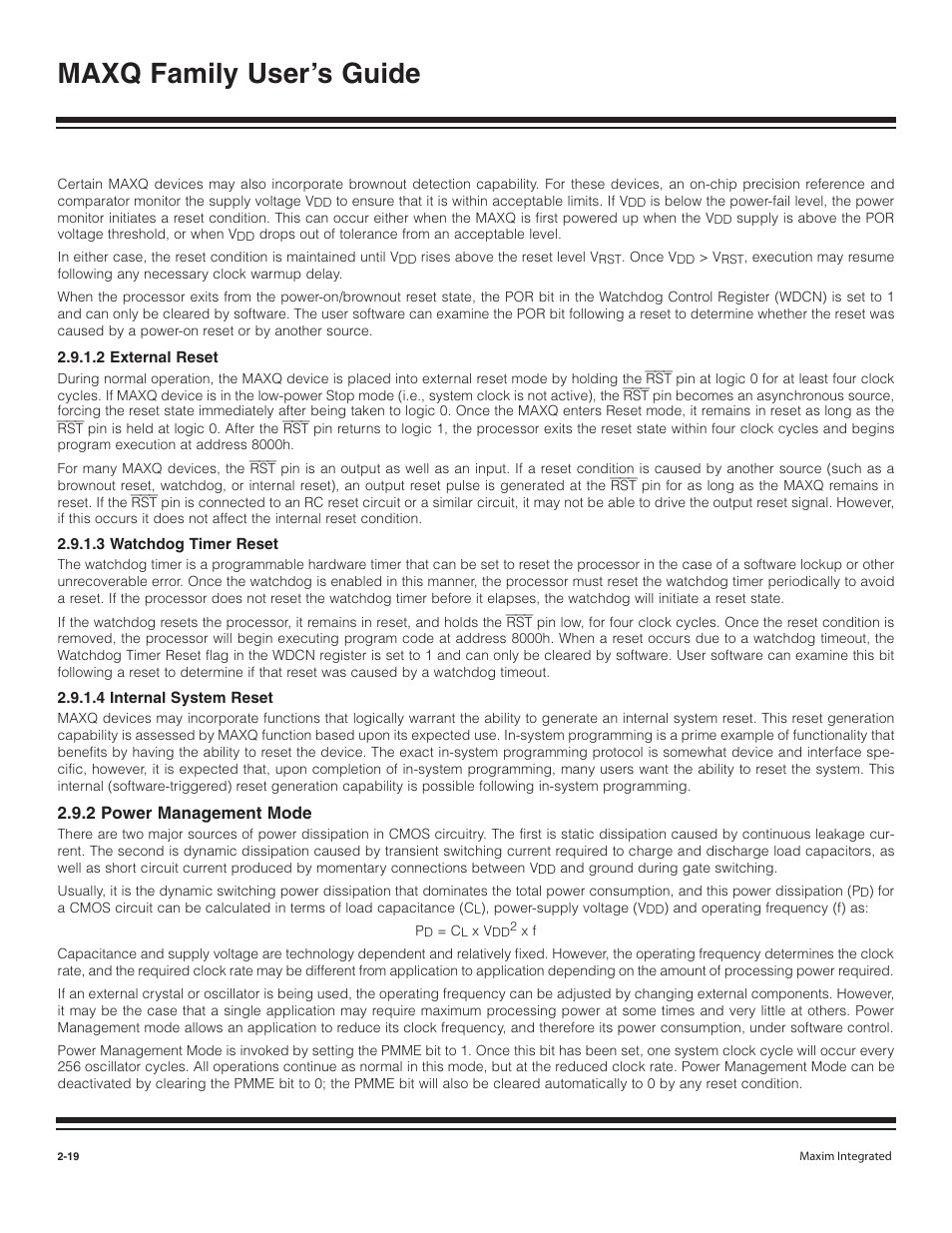 2 external reset, 3 watchdog timer reset, 4 internal system reset | 2 power management mode, 2 external reset -19, 3 watchdog timer reset -19, 4 internal system reset -19, 2 power management mode -19, Maxq family user’s guide | Maxim Integrated MAXQ Family User Manual | Page 24 / 216