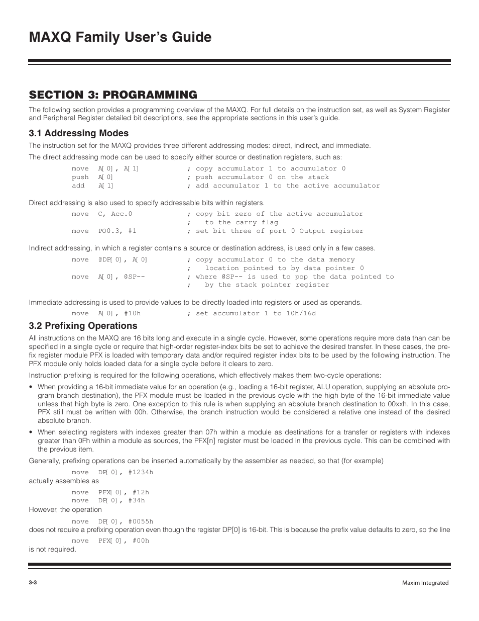 1 addressing modes, 2 prefixing operations, 1 addressing modes -3 | 2 prefixing operations -3, Maxq family user’s guide | Maxim Integrated MAXQ Family User Manual | Page 28 / 216