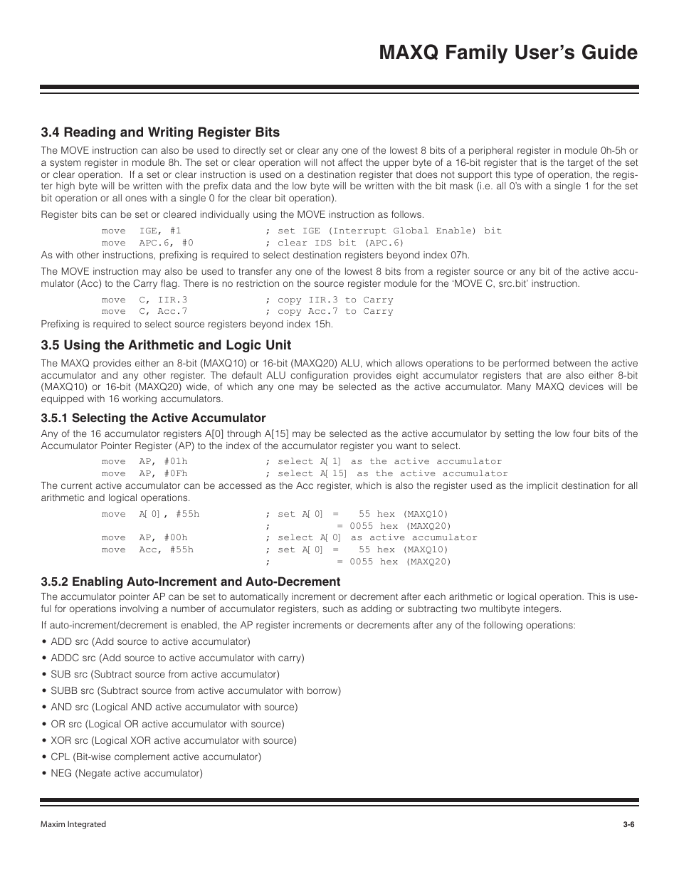 4 reading and writing regi, 5 using the arithmetic and, 1 selecting the active a | 2 enabling auto-incremen, 4 reading and writing register bits -6, 5 using the arithmetic and logic unit -6, 1 selecting the active accumulator -6, 2 enabling auto-increment and auto-decrement -6, Maxq family user’s guide, 4 reading and writing register bits | Maxim Integrated MAXQ Family User Manual | Page 31 / 216