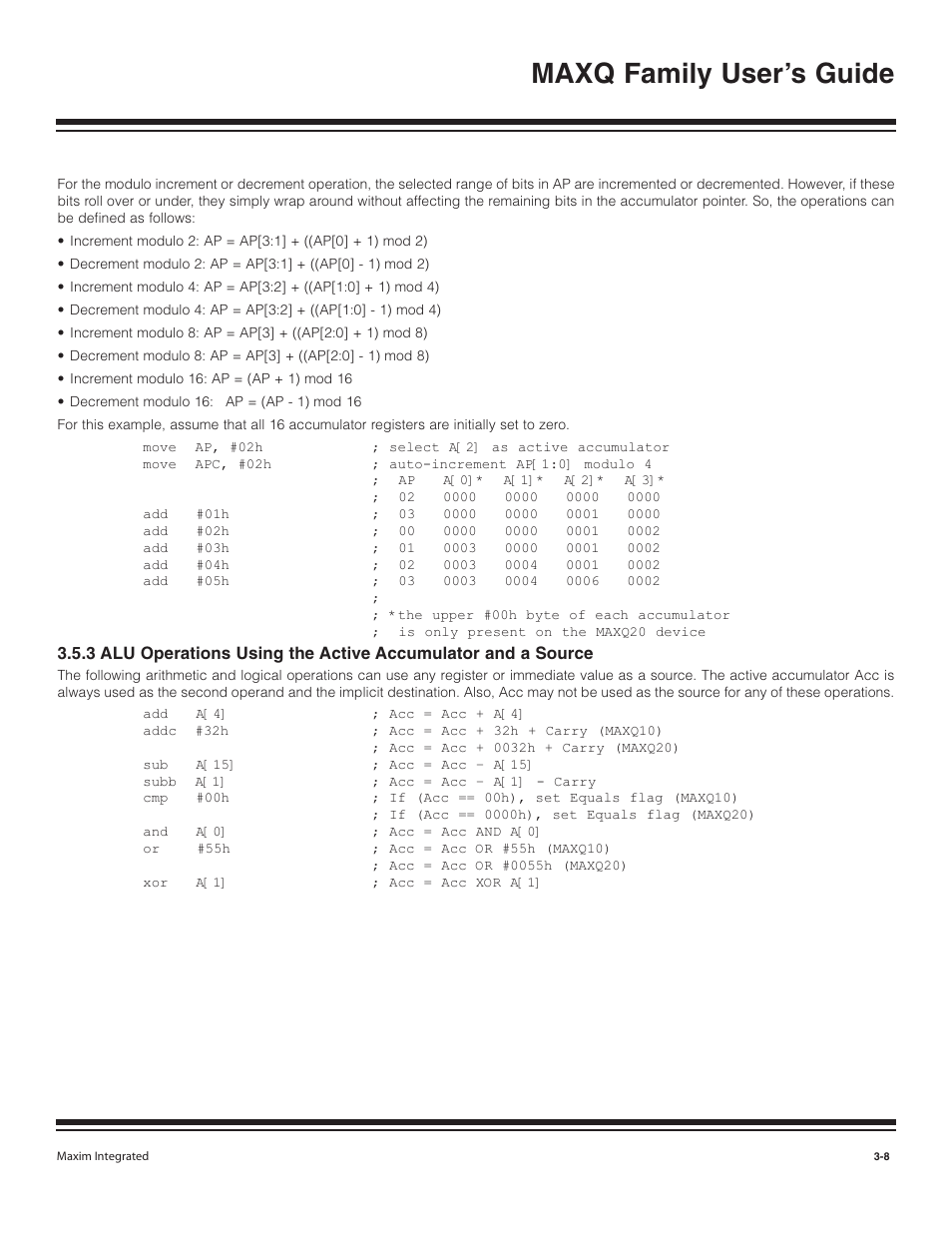 3 alu operations using t, Maxq family user’s guide | Maxim Integrated MAXQ Family User Manual | Page 33 / 216