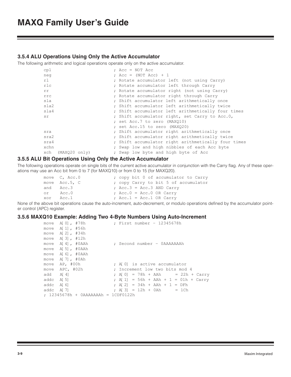 4 alu operations using o, 5 alu bit operations usi, 6 maxq10 example: adding | Maxq family user’s guide | Maxim Integrated MAXQ Family User Manual | Page 34 / 216