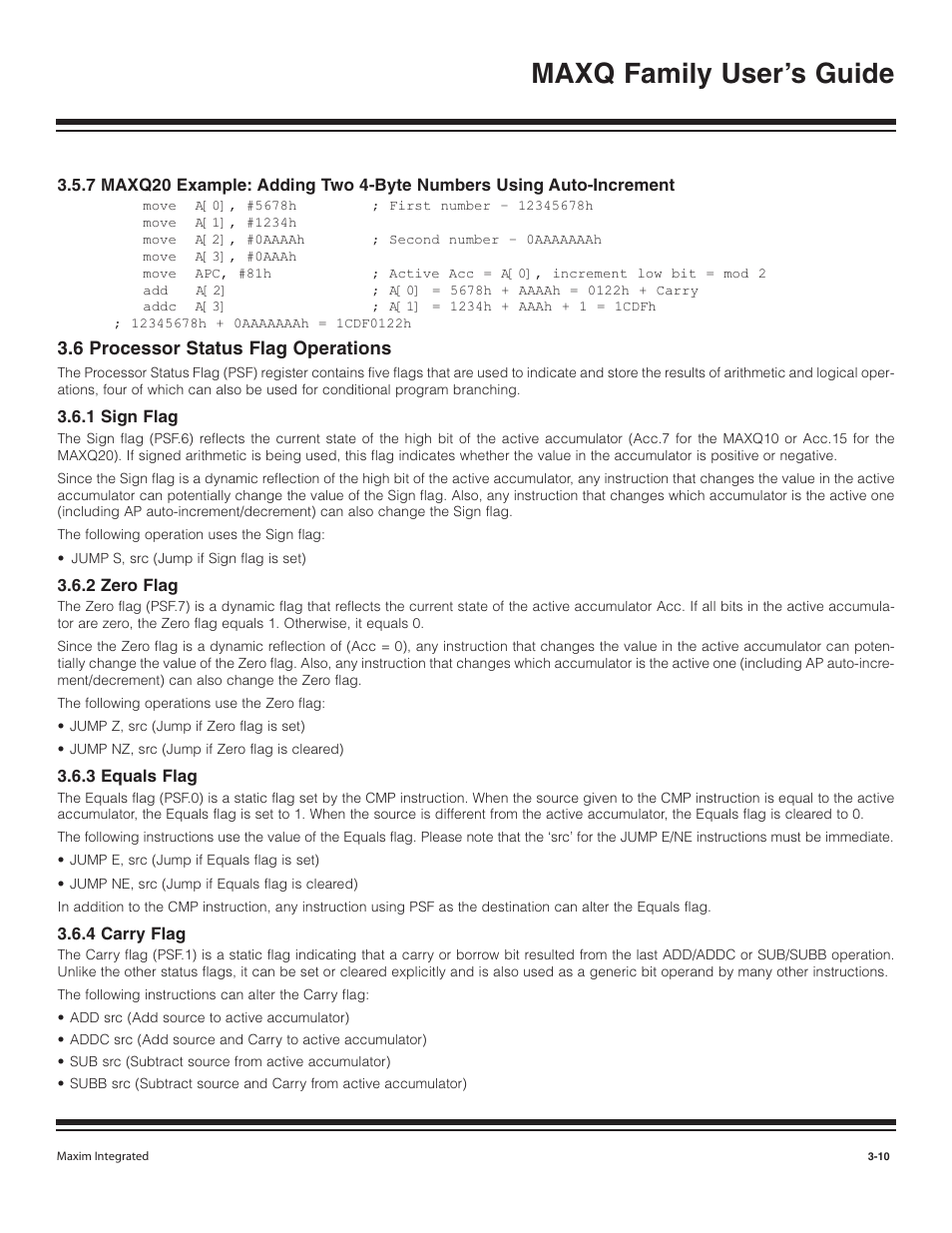 7 maxq20 example: adding, 6 processor status flag op, 1 sign flag | 2 zero flag, 3 equals flag, 4 carry flag, 6 processor status flag operations -10, 1 sign flag -10, 2 zero flag -10, 3 equals flag -10 | Maxim Integrated MAXQ Family User Manual | Page 35 / 216