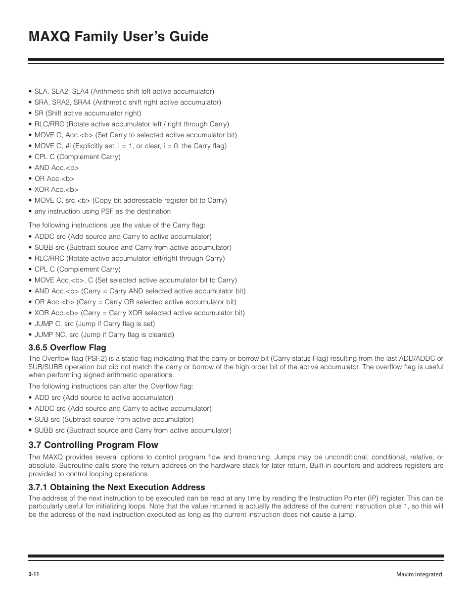 5 overflow flag, 7 controlling program flow, 1 obtaining the next exe | 5 overflow flag -11, 7 controlling program flow -11, 1 obtaining the next execution address -11, Maxq family user’s guide | Maxim Integrated MAXQ Family User Manual | Page 36 / 216