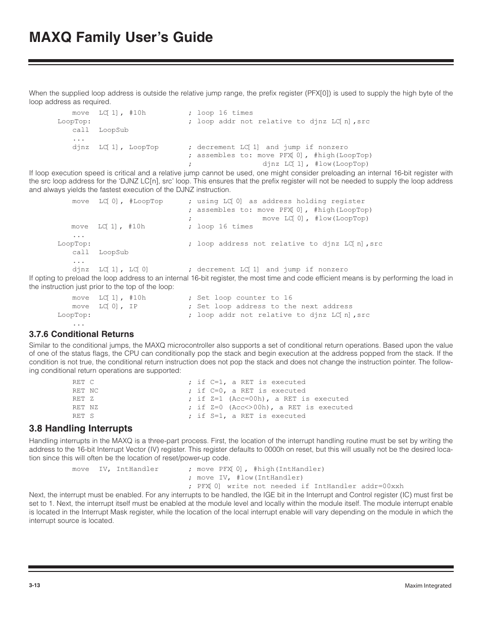 6 conditional returns, 8 handling interrupts, 6 conditional returns -13 | 8 handling interrupts -13, Maxq family user’s guide | Maxim Integrated MAXQ Family User Manual | Page 38 / 216