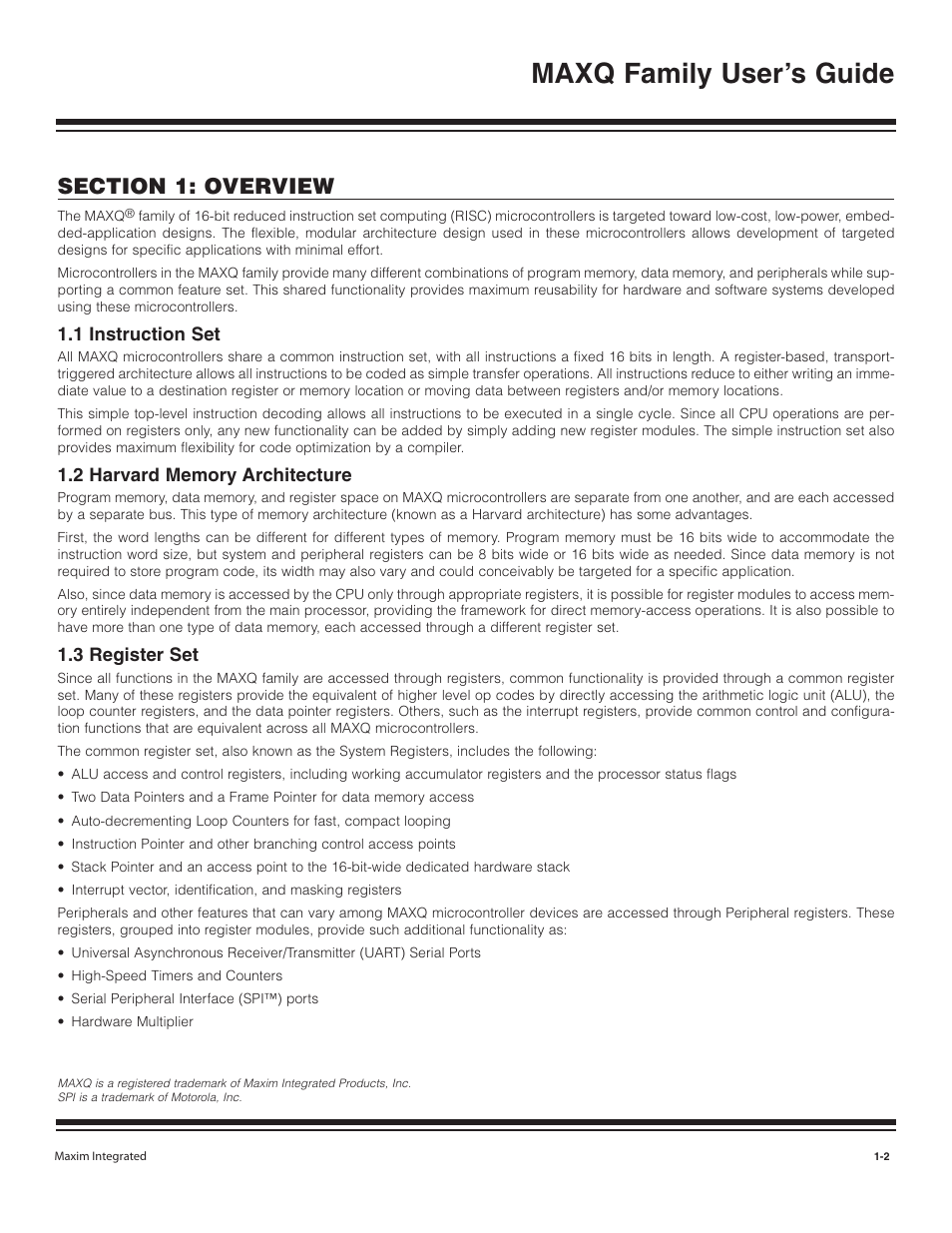 1 instruction set, 2 harvard memory architecture, 3 register set | 1 instruction set -2, 2 harvard memory architecture -2, 3 register set -2, Maxq family user’s guide | Maxim Integrated MAXQ Family User Manual | Page 4 / 216