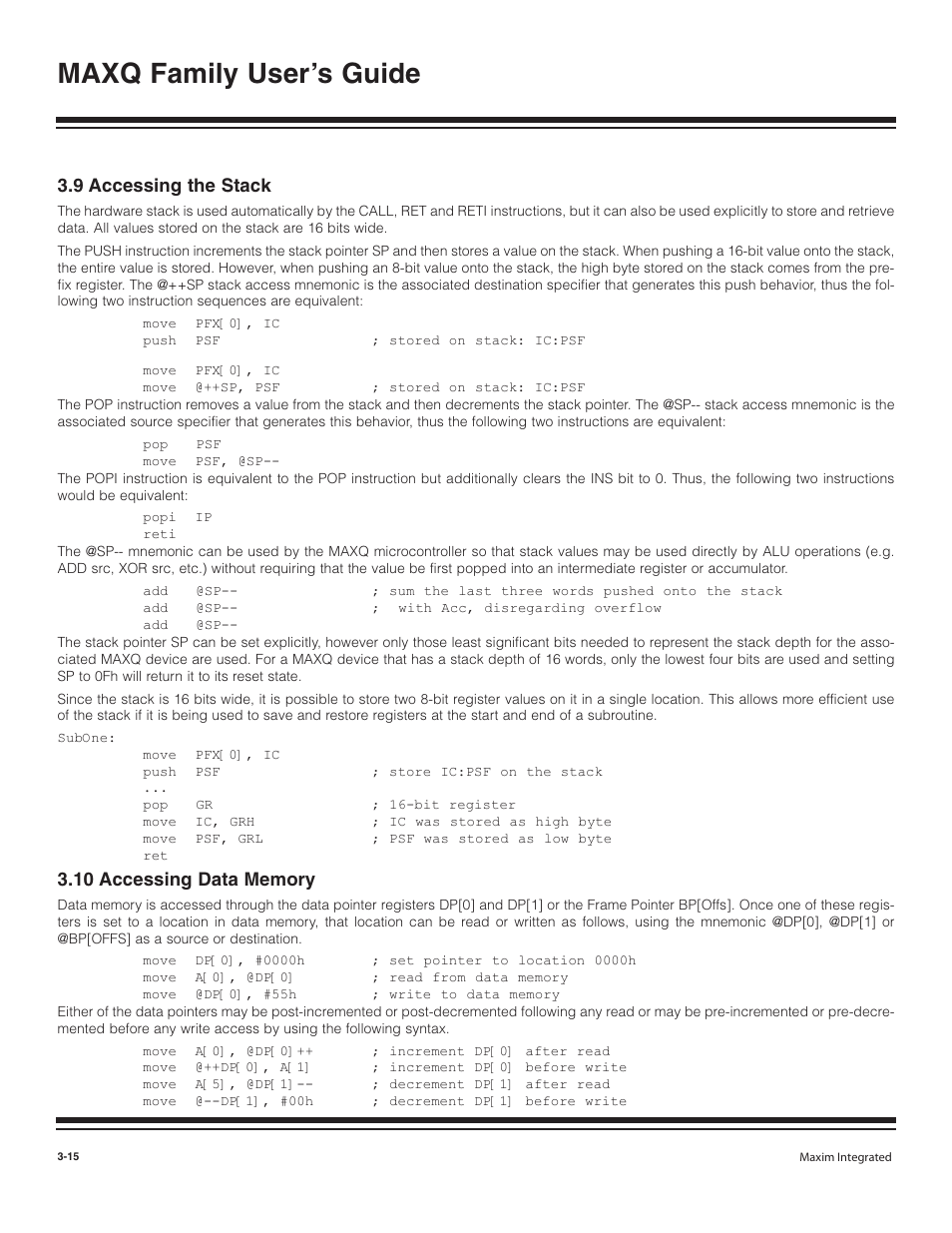 9 accessing the stack, 10 accessing data memory, 9 accessing the stack -15 | 10 accessing data memory -15, Maxq family user’s guide | Maxim Integrated MAXQ Family User Manual | Page 40 / 216
