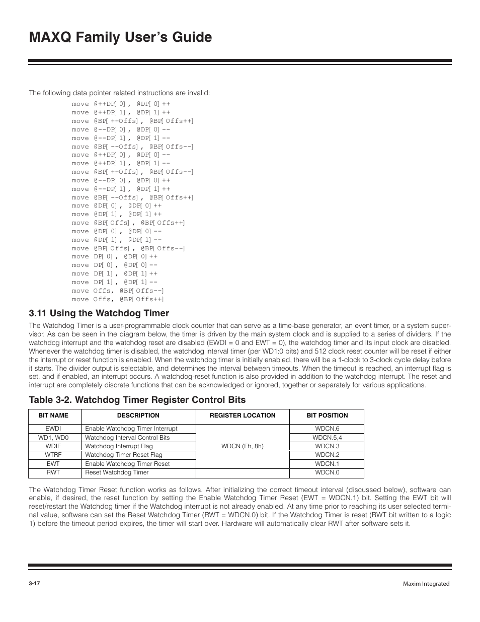 11 using the watchdog timer, 11 using the watchdog timer -17, Maxq family user’s guide | Table 3-2. watchdog timer register control bits | Maxim Integrated MAXQ Family User Manual | Page 42 / 216