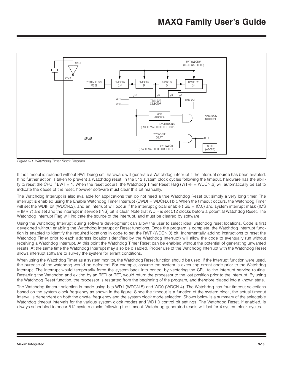 Figure 3-1. watchdog timer block diagram -18, Maxq family user’s guide | Maxim Integrated MAXQ Family User Manual | Page 43 / 216