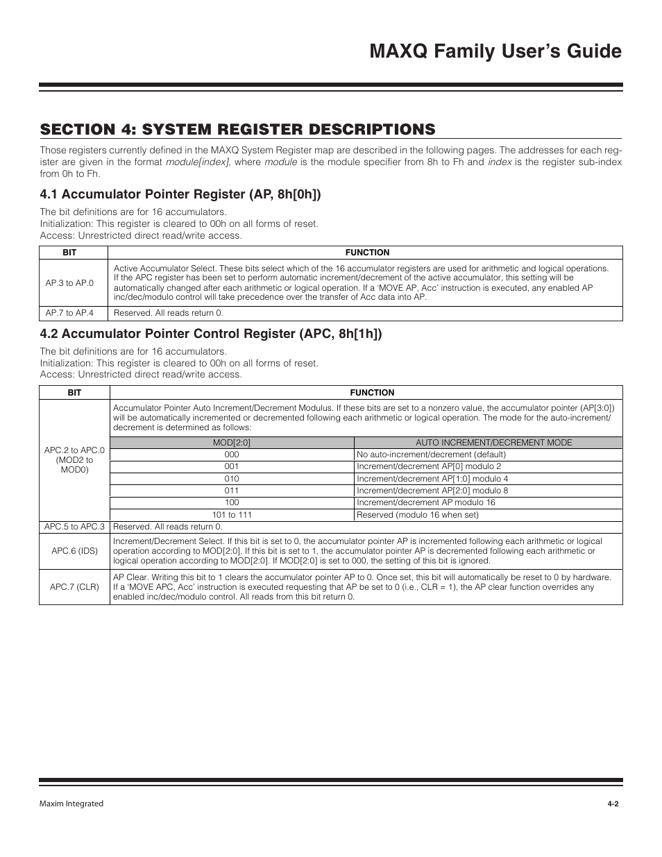 1 accumulator pointer regi, 2 accumulator pointer cont, 1 accumulator pointer register (ap, 8h[0h]) -2 | Maxq family user’s guide, 1 accumulator pointer register (ap, 8h[0h]) | Maxim Integrated MAXQ Family User Manual | Page 48 / 216