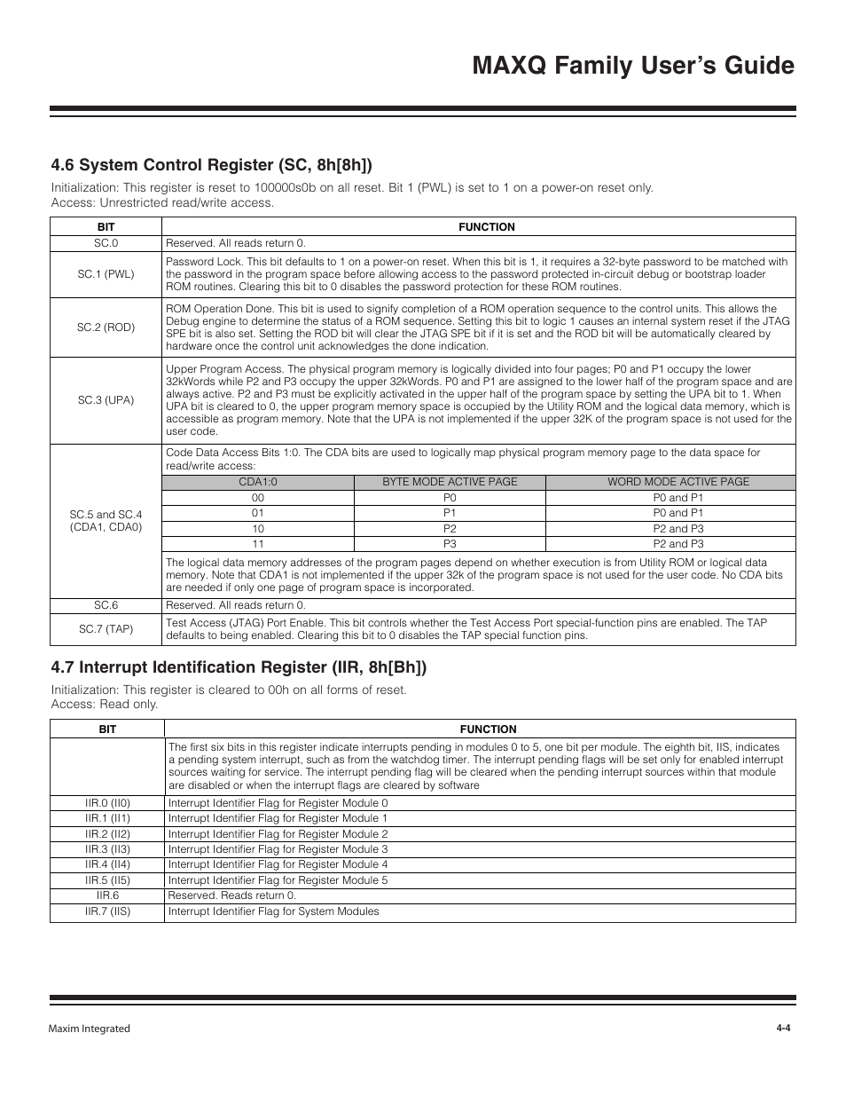 6 system control register, 7 interrupt identification, 6 system control register (sc, 8h[8h]) -4 | Maxq family user’s guide, 6 system control register (sc, 8h[8h]), 7 interrupt identification register (iir, 8h[bh]) | Maxim Integrated MAXQ Family User Manual | Page 50 / 216
