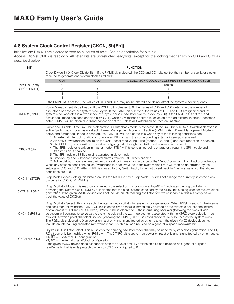 8 system clock control reg, 8 system clock control register (ckcn, 8h[eh]) -5, Maxq family user’s guide | 8 system clock control register (ckcn, 8h[eh]) | Maxim Integrated MAXQ Family User Manual | Page 51 / 216