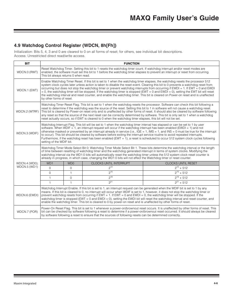 9 watchdog control registe, 9 watchdog control register (wdcn, 8h[fh]) -6, Maxq family user’s guide | 9 watchdog control register (wdcn, 8h[fh]) | Maxim Integrated MAXQ Family User Manual | Page 52 / 216