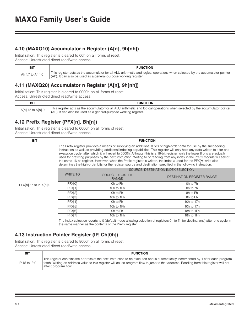 10 (maxq10) accumulator n, 11 (maxq20) accumulator n, 12 prefix register (pfx[n | 13 instruction pointer reg, 12 prefix register (pfx[n], bh[n]) -7, 13 instruction pointer register (ip, ch[0h]) -7, Maxq family user’s guide, 12 prefix register (pfx[n], bh[n]), 13 instruction pointer register (ip, ch[0h]) | Maxim Integrated MAXQ Family User Manual | Page 53 / 216