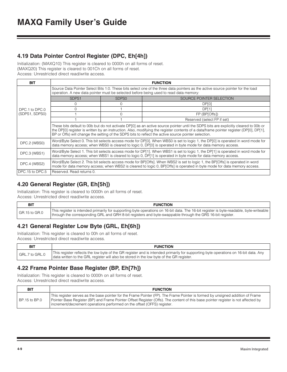 19 data pointer control re, 20 general register (gr, e, 21 general register low by | 22 frame pointer base regi, 19 data pointer control register (dpc, eh[4h]) -9, 20 general register (gr, eh[5h]) -9, 21 general register low byte (grl, eh[6h]) -9, 22 frame pointer base register (bp, eh[7h]) -9, Maxq family user’s guide, 19 data pointer control register (dpc, eh[4h]) | Maxim Integrated MAXQ Family User Manual | Page 55 / 216