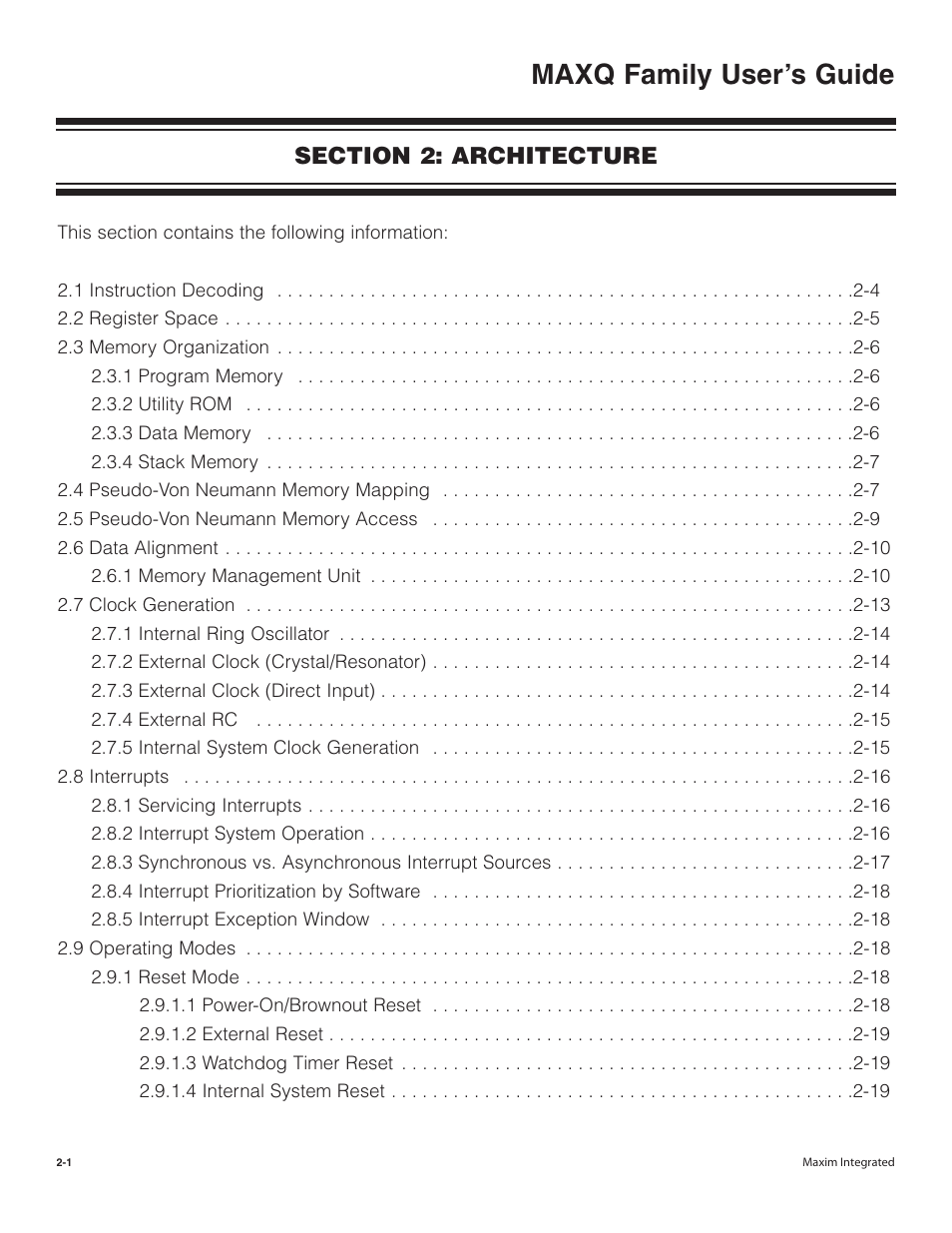 Section 2: architecture, Section 2: architecture -1, Maxq family user’s guide | Maxim Integrated MAXQ Family User Manual | Page 6 / 216