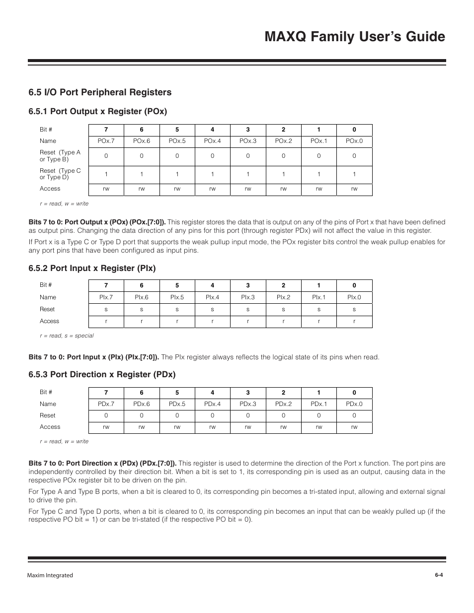 5 i/o port peripheral regi, 1 port output x register, 2 port input x register | 3 port direction x regis, 5 i/o port peripheral registers -4, 1 port output x register (pox) -4, 2 port input x register (pix) -4, 3 port direction x register (pdx) -4, Maxq family user’s guide, 5 i/o port peripheral registers | Maxim Integrated MAXQ Family User Manual | Page 61 / 216