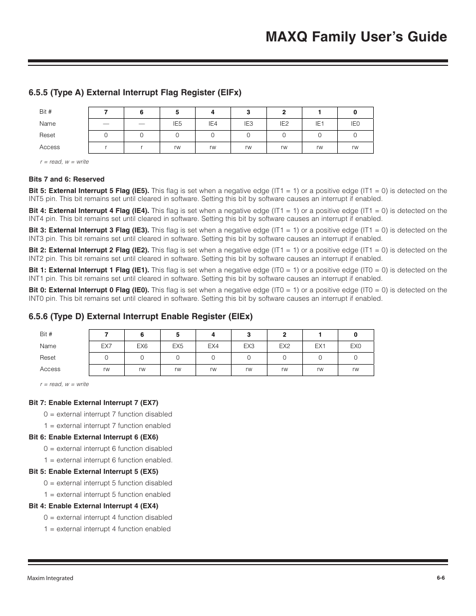 5 (type a) external inte, 6 (type d) external inte, Maxq family user’s guide | 5 (type a) external interrupt flag register (eifx) | Maxim Integrated MAXQ Family User Manual | Page 63 / 216